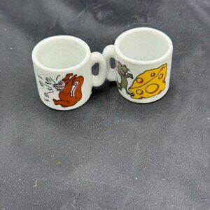 2 miniature ceramic mug cups, cussing squirl and mouse with cheese